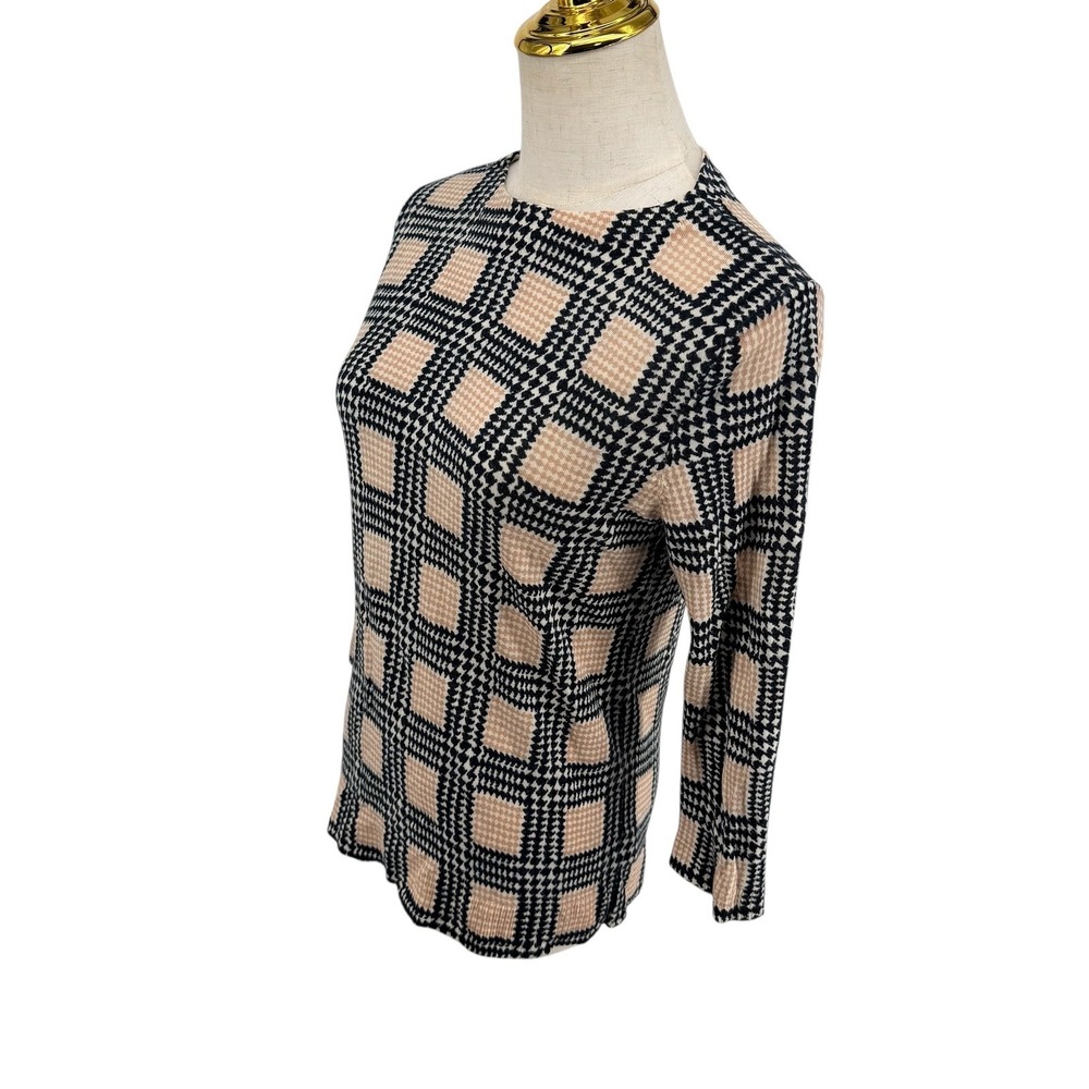Talbots Polished Preppy Cozy Sweater LP Tan Black Merino Wool Checkered Knit